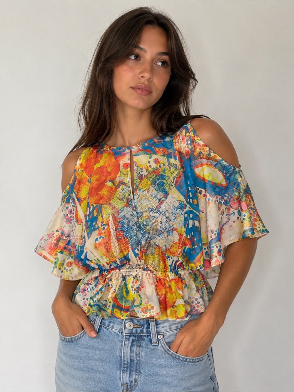s-twelve Abstract Print Satin‎ Feel Blouse Rhinestone Cold Shoulder Top